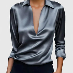 Lisa Draped V-Neck Collared Blouse in Grey