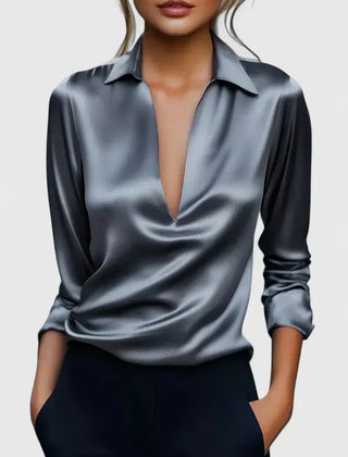 Lisa Draped V-Neck Collared Blouse in Grey