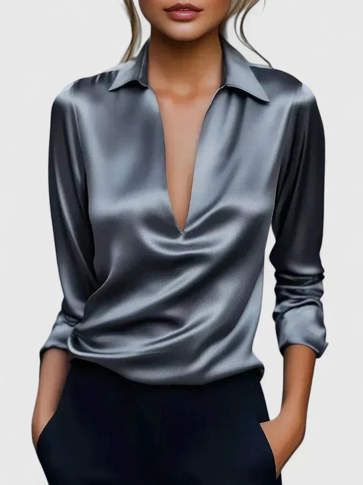 Lisa Draped V-Neck Collared Blouse in Grey