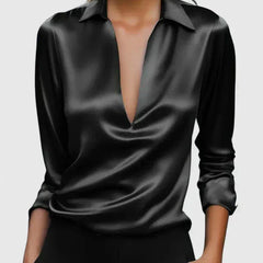 Lisa Draped V-Neck Collared Blouse in Black