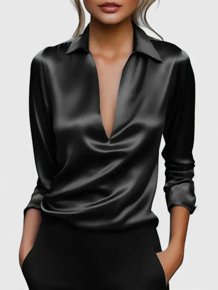 Lisa Draped V-Neck Collared Blouse in Black