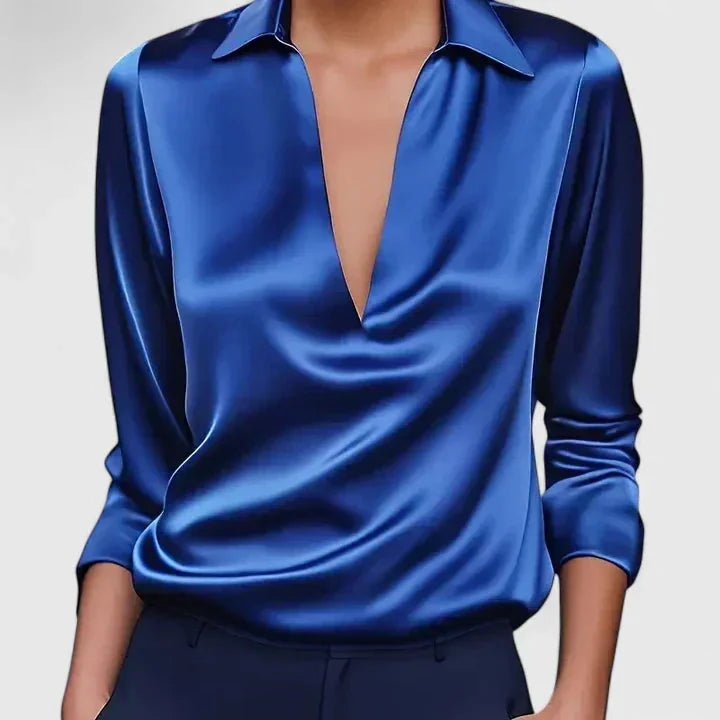 Lisa Draped V-Neck Collared Blouse in Royal Blue