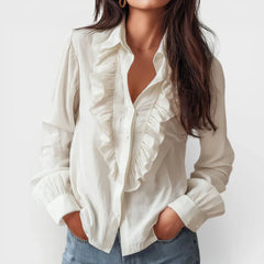 Lois Ruffle Front Button Blouse in White