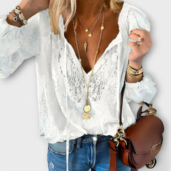 Lucille Lace Tie-Neck Boho Blouse in White