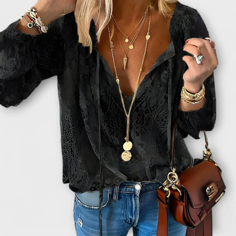 Lucille Lace Tie-Neck Boho Blouse in Black