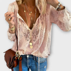 Lucille Lace Tie-Neck Boho Blouse in Pink