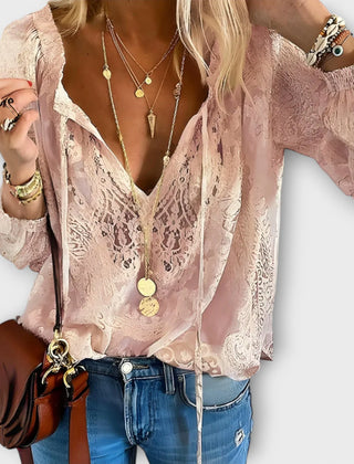 Lucille Lace Tie-Neck Boho Blouse in Pink