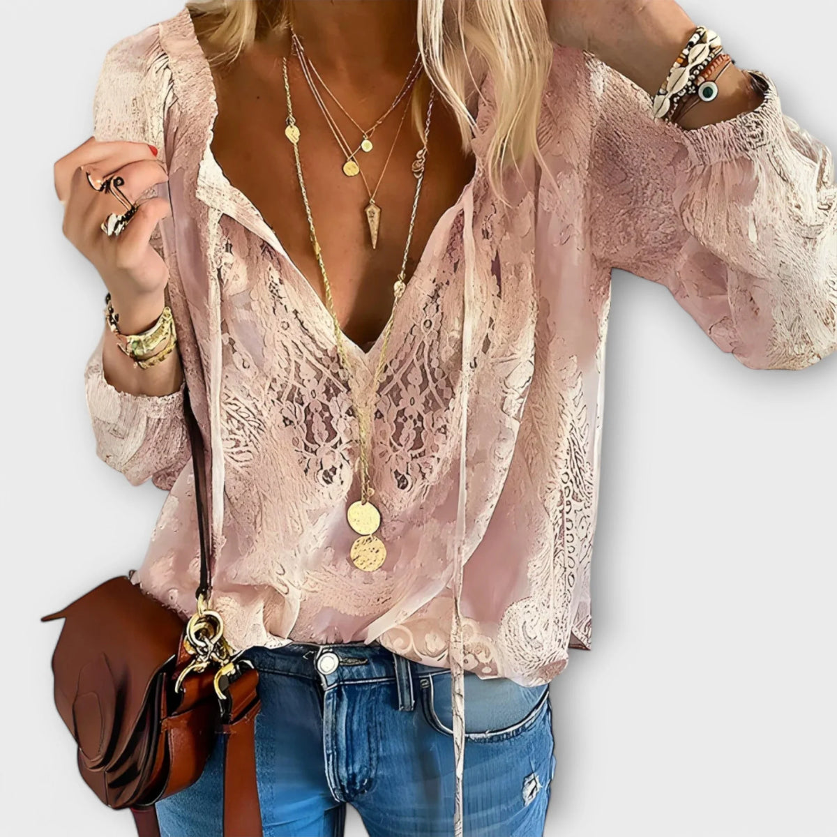 Lucille Lace Tie-Neck Boho Blouse in Pink