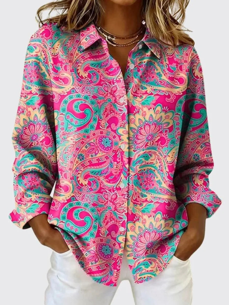 Lydia Paisley Print Button-Up Shirt in Pink