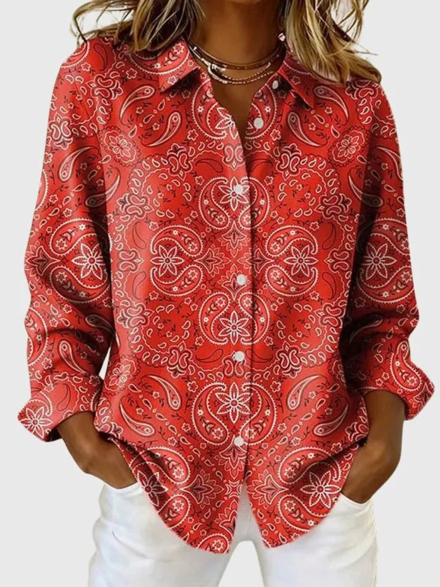 Lydia Paisley Print Button-Up Shirt in Red