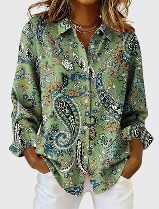 Lydia Paisley Print Button-Up Shirt in Green