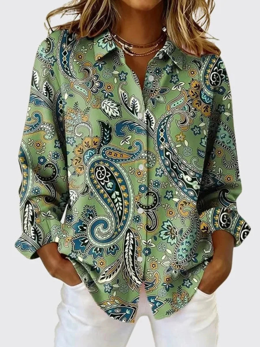 Lydia Paisley Print Button-Up Shirt in Green