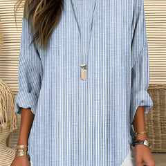Lynn Pinstripe Curved Hem Blouse in Light Blue