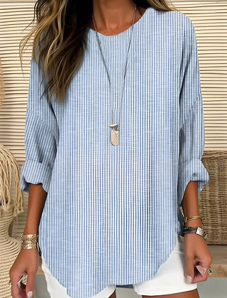 Lynn Pinstripe Curved Hem Blouse in Light Blue