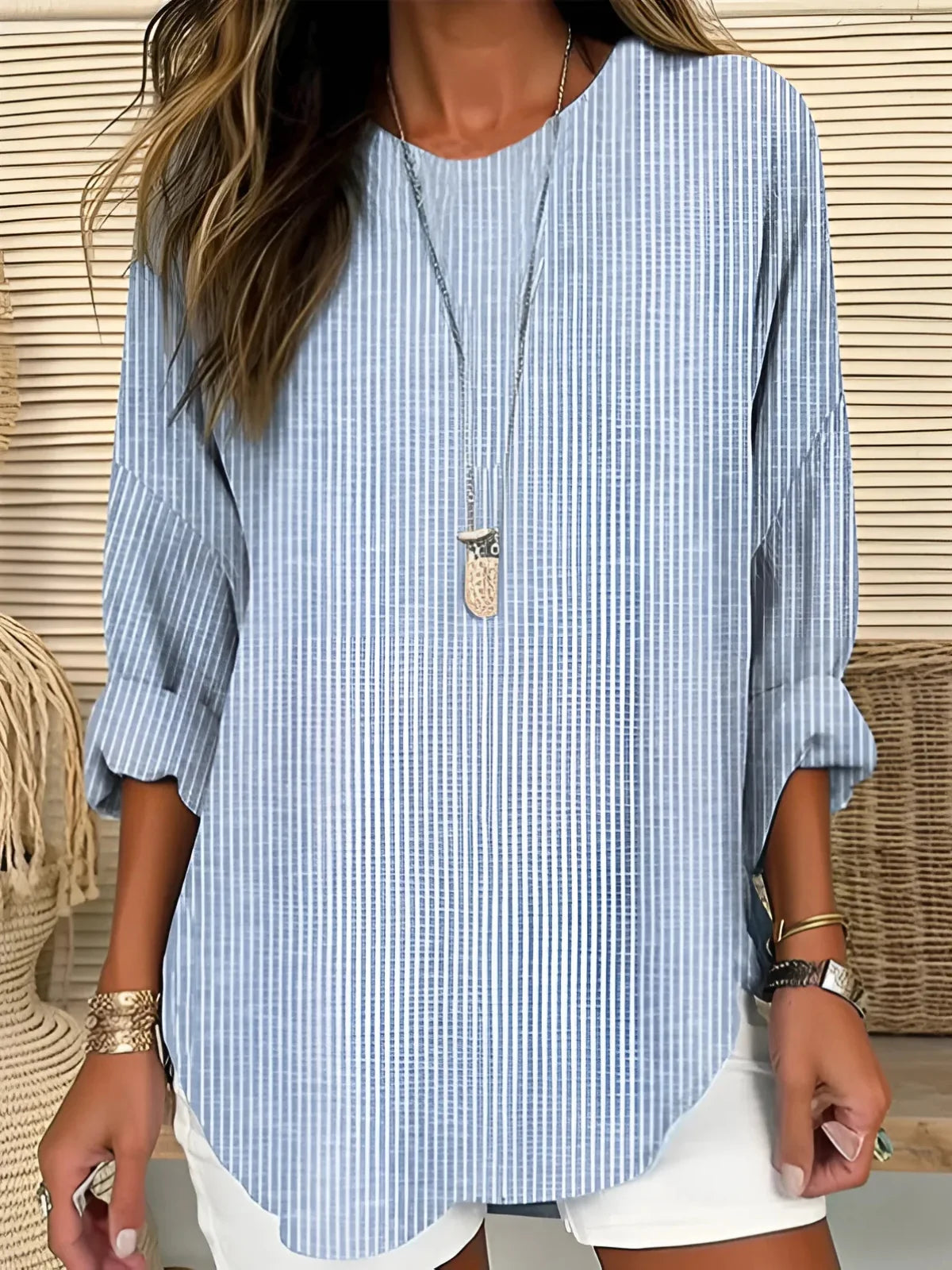 Lynn Pinstripe Curved Hem Blouse in Light Blue