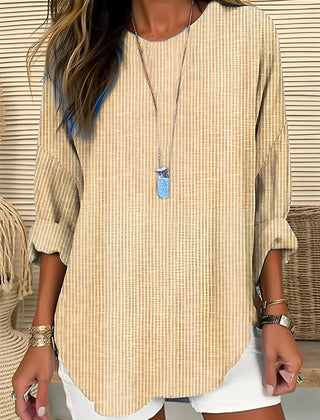 Lynn Pinstripe Curved Hem Blouse in Khaki