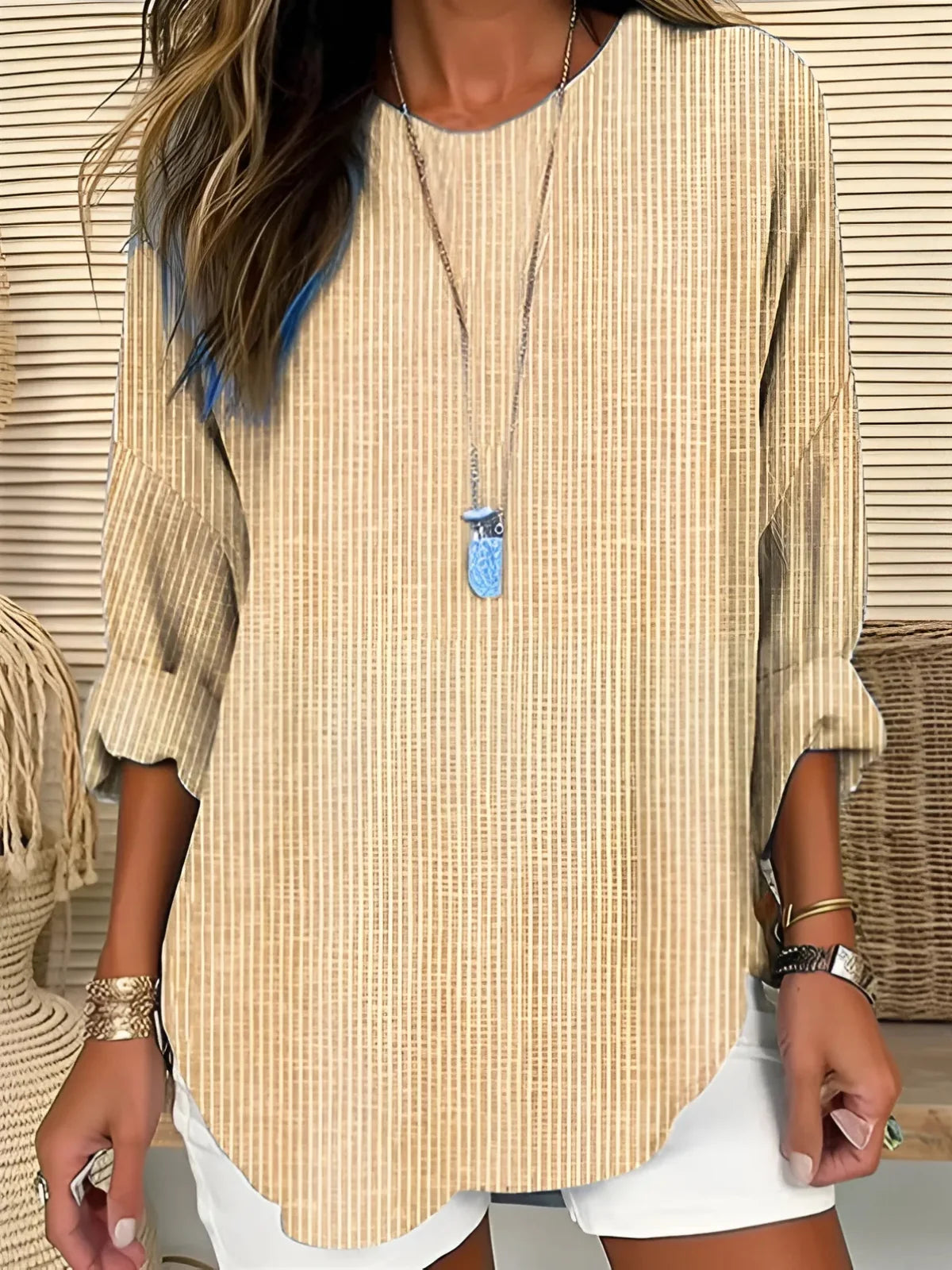 Lynn Pinstripe Curved Hem Blouse in Khaki