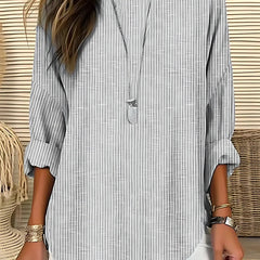 Lynn Pinstripe Curved Hem Blouse in Grey