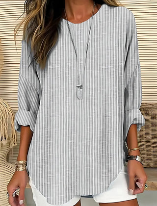 Lynn Pinstripe Curved Hem Blouse in Grey
