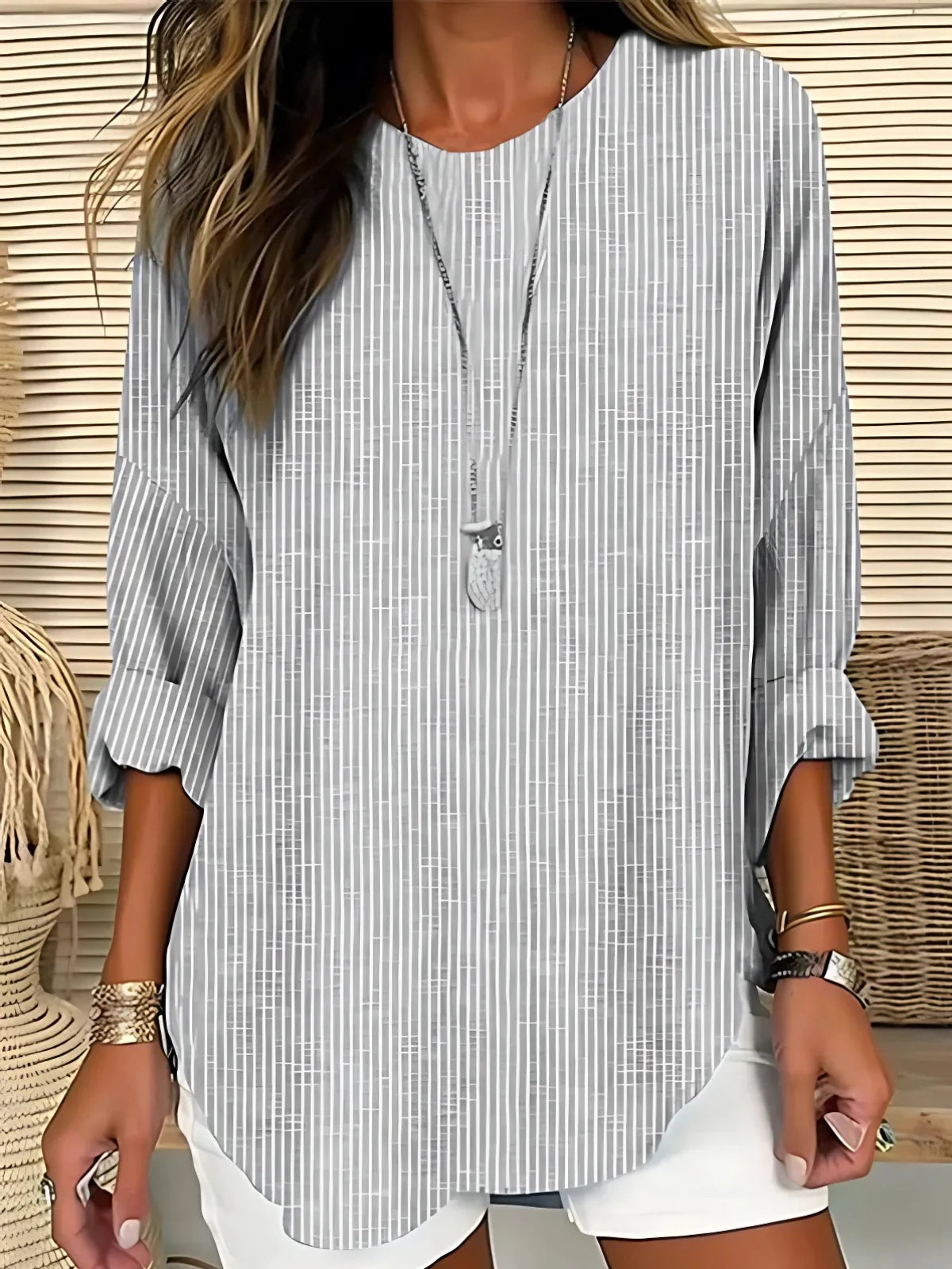 Lynn Pinstripe Curved Hem Blouse in Grey