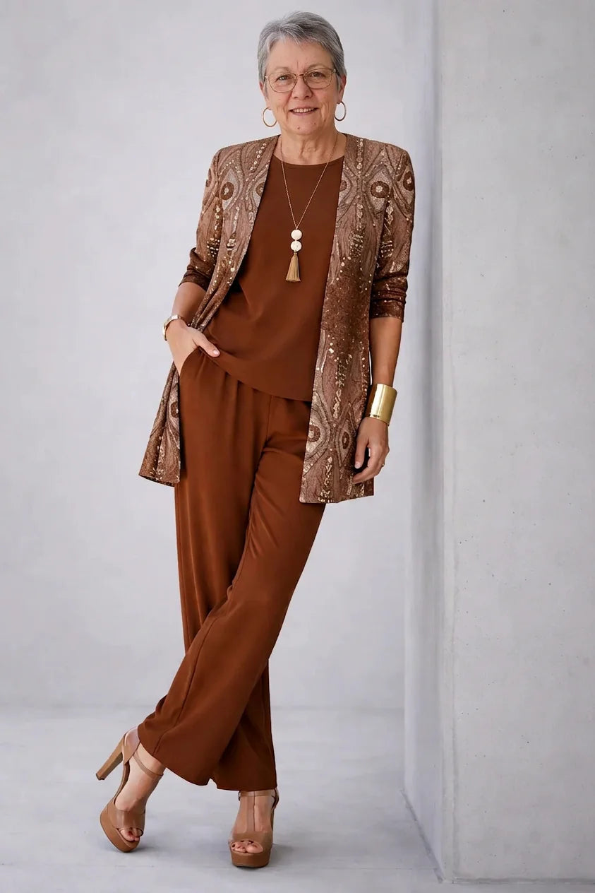 Mabel Bronze Paisley Three-Piece Set in Brown