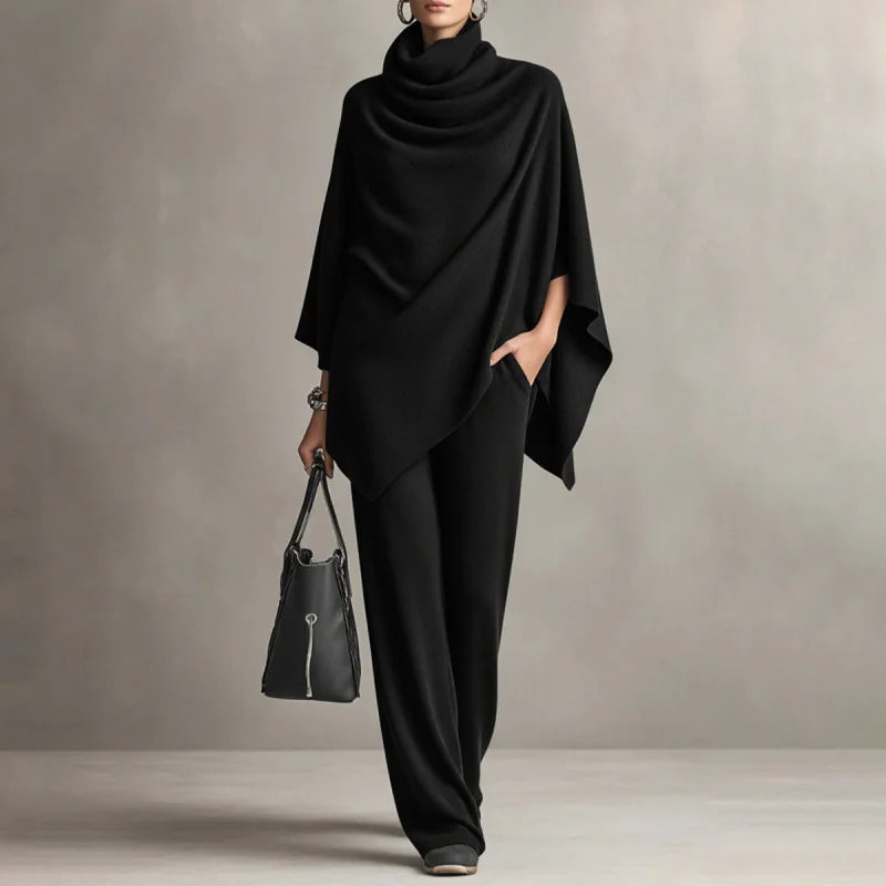 Madeline Draped Cape Two-Piece Set in Black
