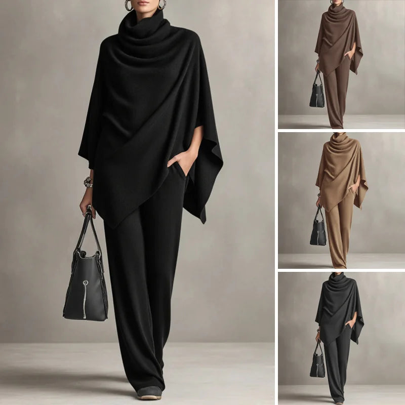 Madeline Draped Cape Two-Piece Set in Black