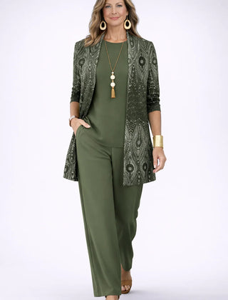 Maggie Olive Damask Three-Piece Set in Olive Green