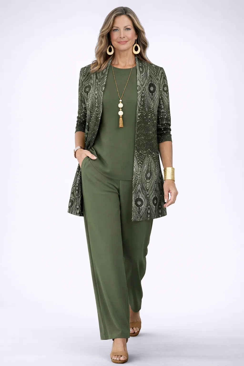 Maggie Olive Damask Three-Piece Set in Olive Green