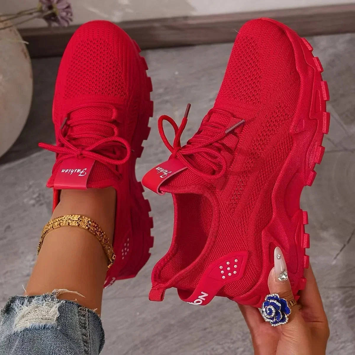 Marcia Chunky Platform Mesh Sneakers in Red