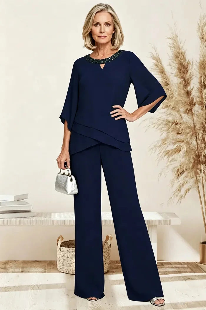 Marian Beaded Neckline Two-Piece Pants Set in Navy