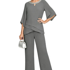 Marian Beaded Neckline Two-Piece Pants Set in Grey