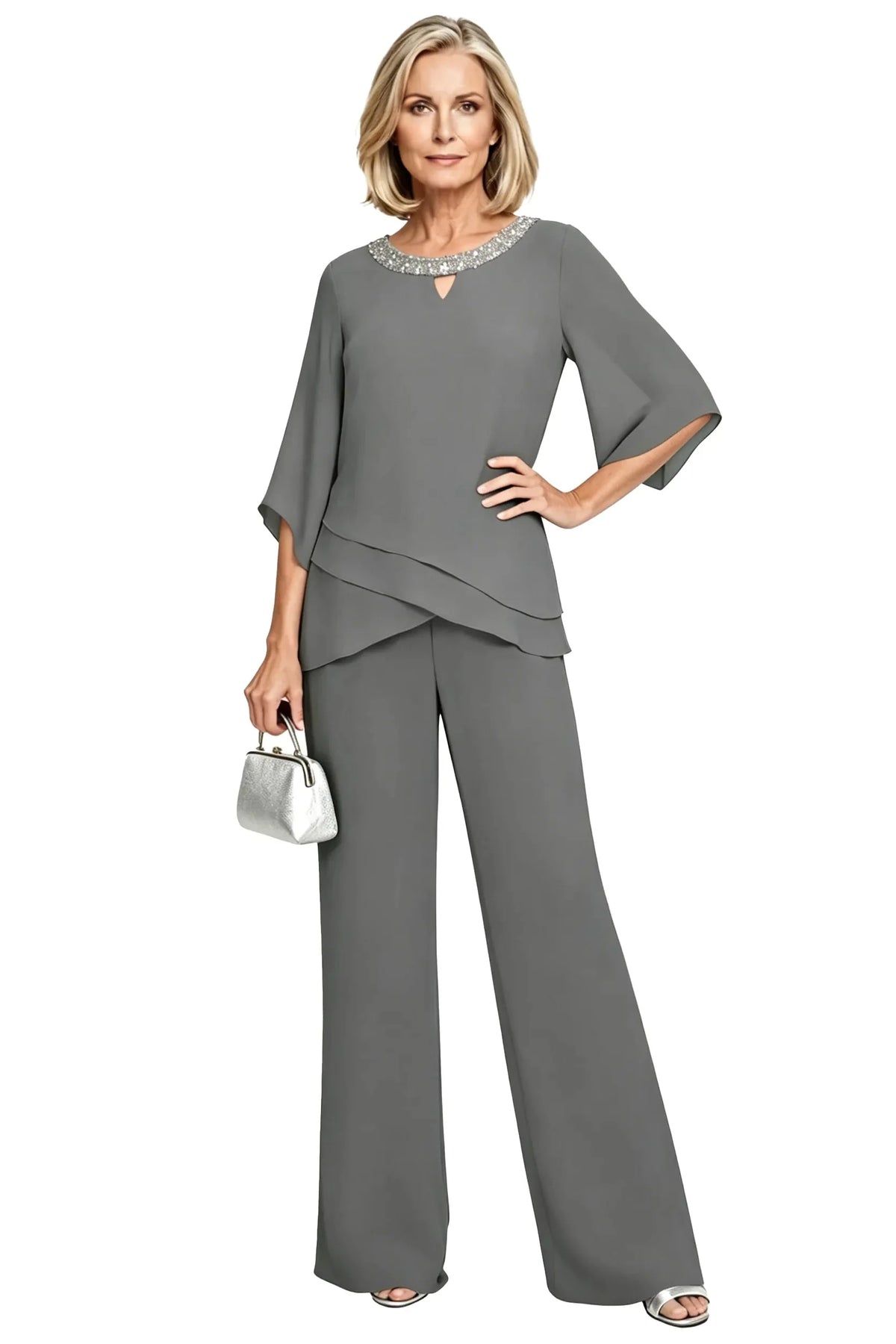 Marian Beaded Neckline Two-Piece Pants Set in Grey