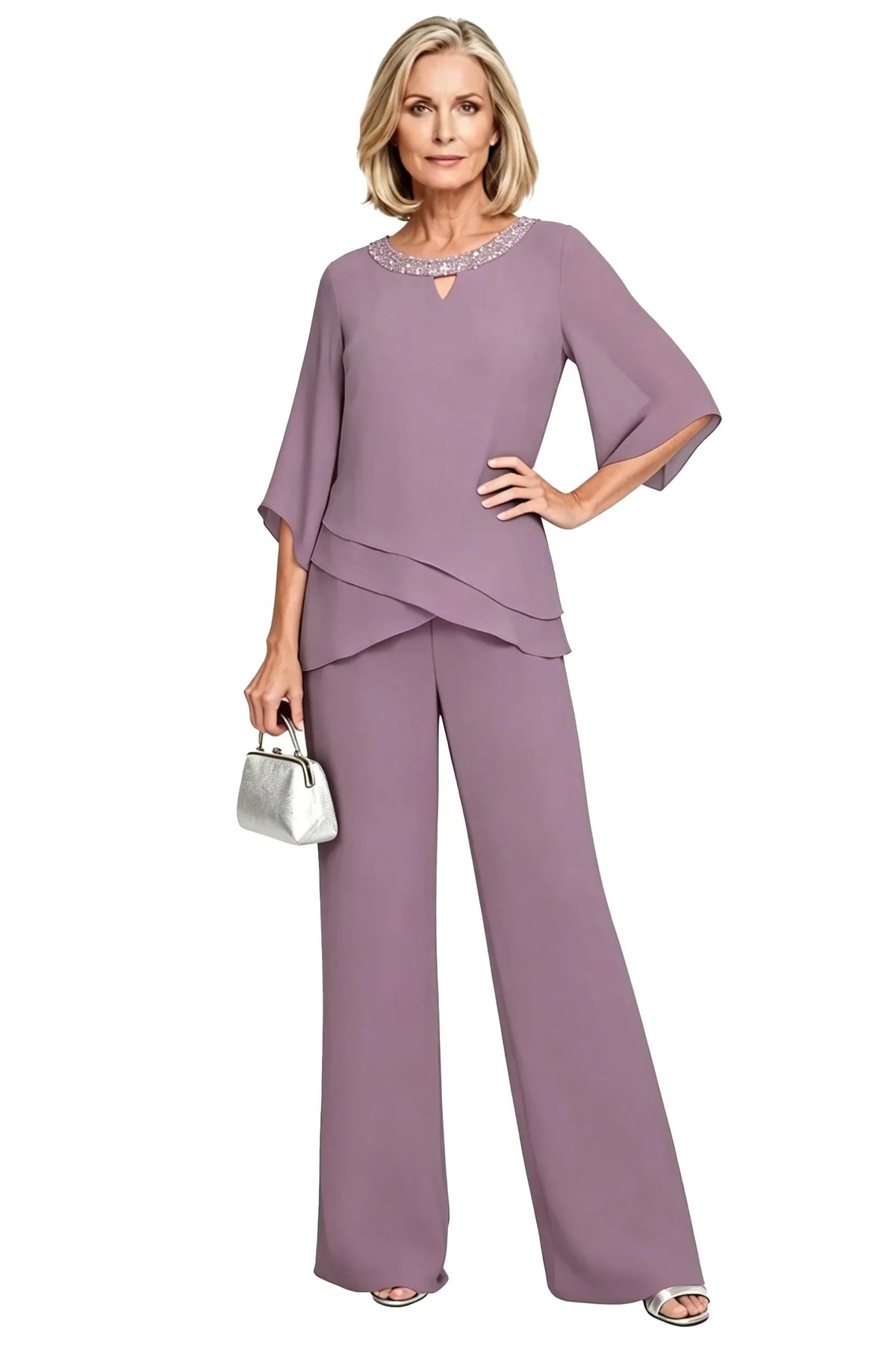 Marian Beaded Neckline Two-Piece Pants Set in Lilac