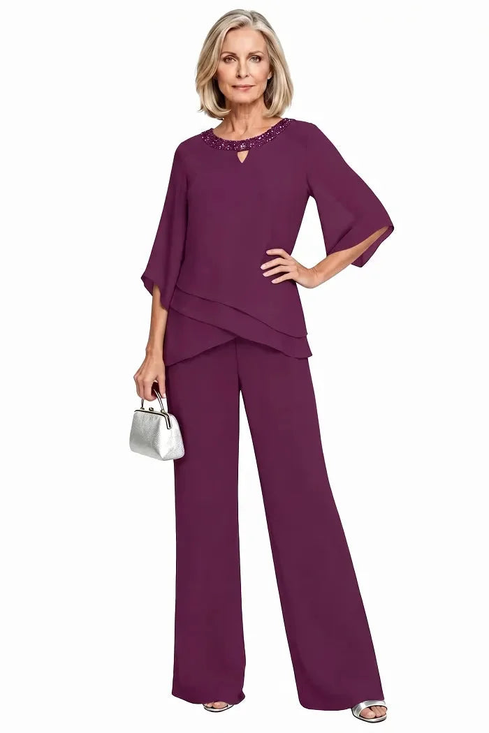 Marian Beaded Neckline Two-Piece Pants Set in Plum