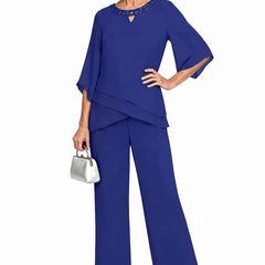 Marian Beaded Neckline Two-Piece Pants Set in Royal Blue