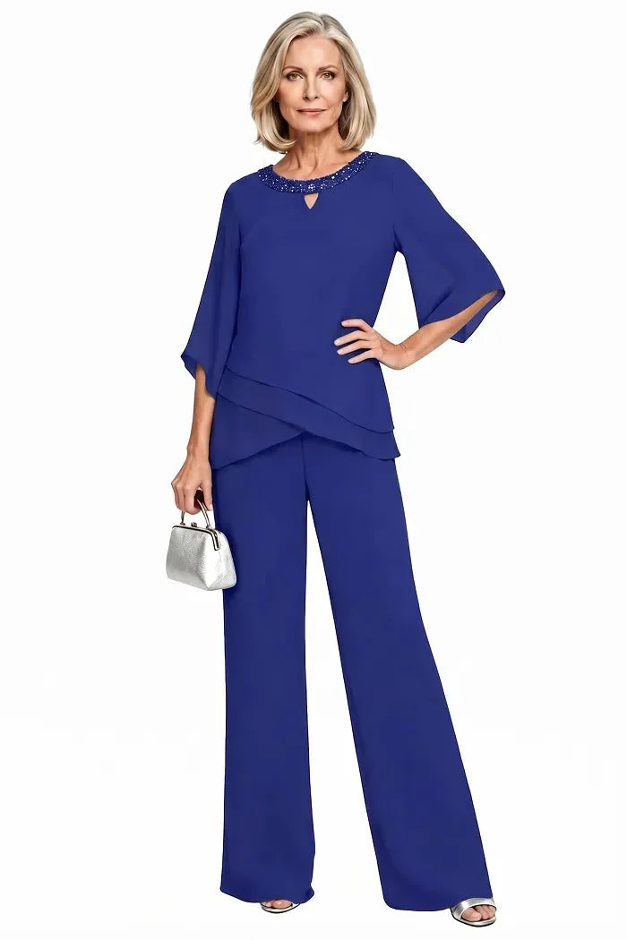Marian Beaded Neckline Two-Piece Pants Set in Royal Blue