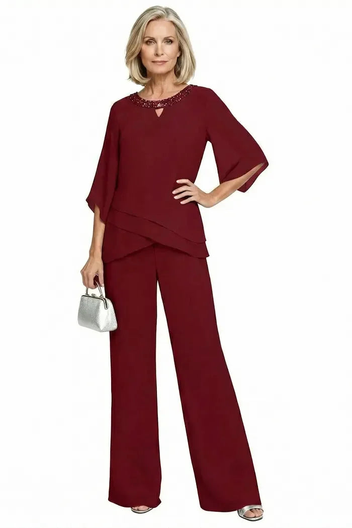 Marian Beaded Neckline Two-Piece Pants Set in Wine Red