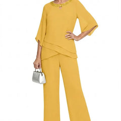 Marian Beaded Neckline Two-Piece Pants Set in Lemon Yellow