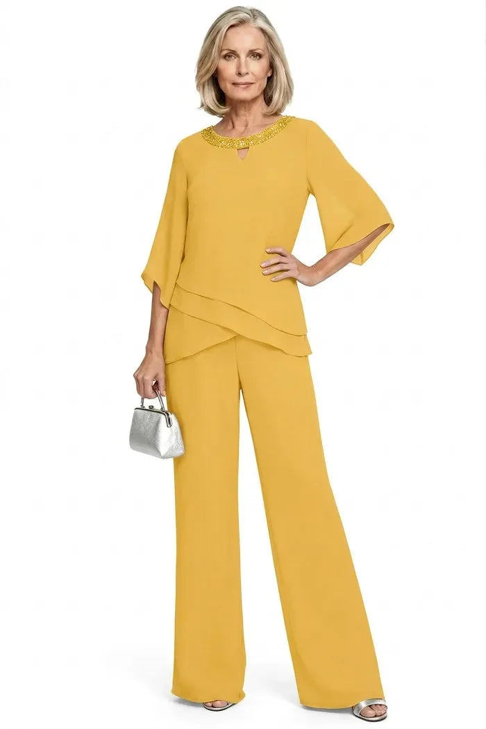 Marian Beaded Neckline Two-Piece Pants Set in Lemon Yellow