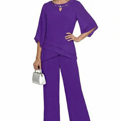 Marian Beaded Neckline Two-Piece Pants Set in Purple