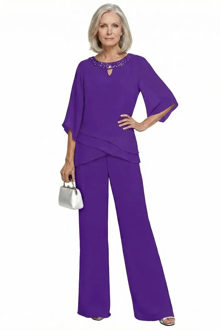 Marian Beaded Neckline Two-Piece Pants Set in Purple