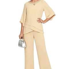 Marian Beaded Neckline Two-Piece Pants Set in Champagne Beige