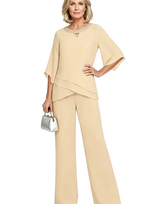 Marian Beaded Neckline Two-Piece Pants Set in Champagne Beige