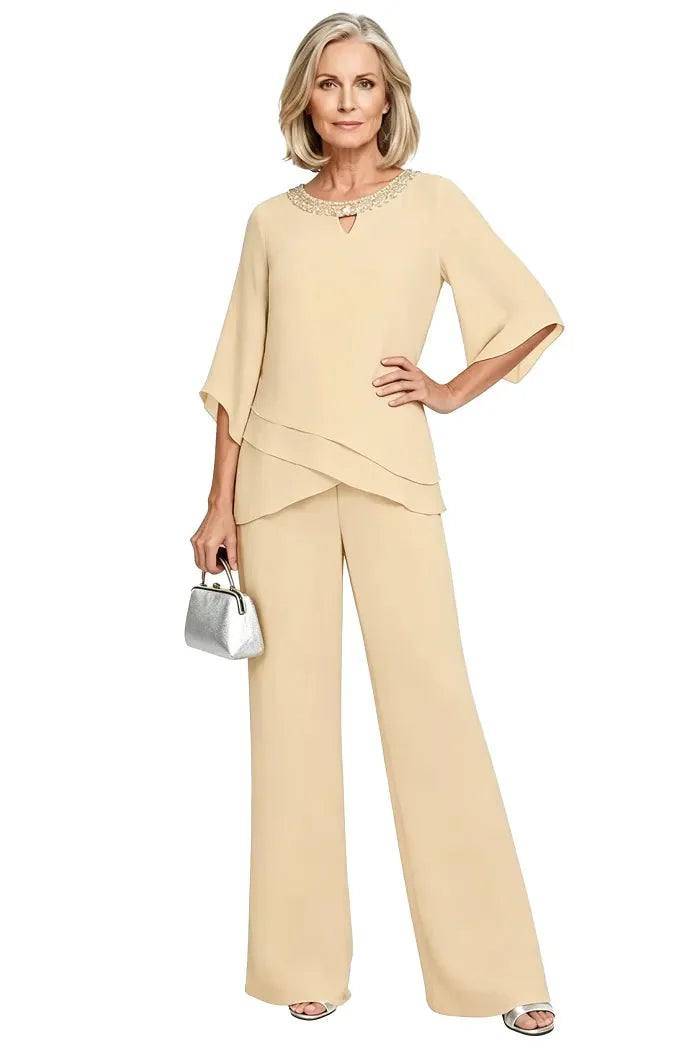 Marian Beaded Neckline Two-Piece Pants Set in Champagne Beige