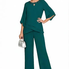 Marian Beaded Neckline Two-Piece Pants Set in Pine Green