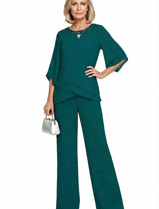 Marian Beaded Neckline Two-Piece Pants Set in Pine Green