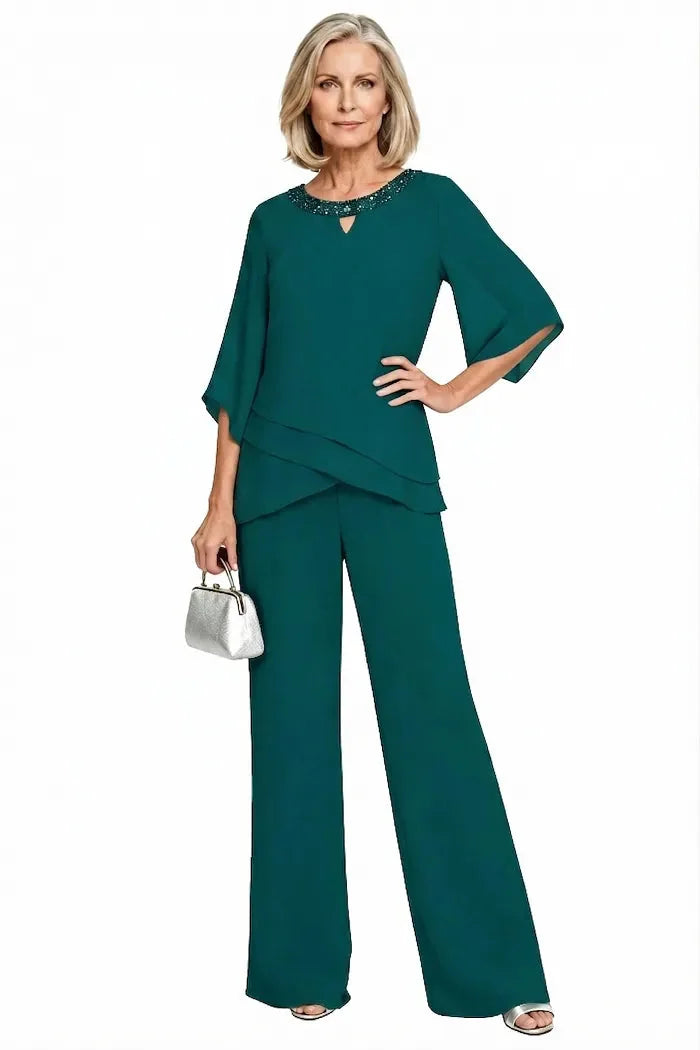 Marian Beaded Neckline Two-Piece Pants Set in Pine Green