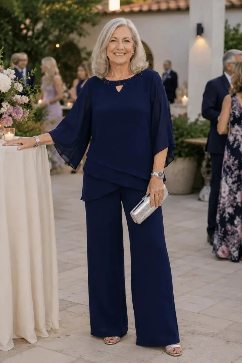 Marian Beaded Neckline Two-Piece Pants Set in Navy