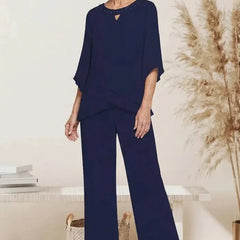 Marian Beaded Neckline Two-Piece Pants Set in Navy